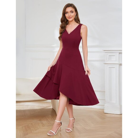 Women Midi Cocktail Dress V Neck High Low Formal Evening Wedding Guest - Picture 3 of 5